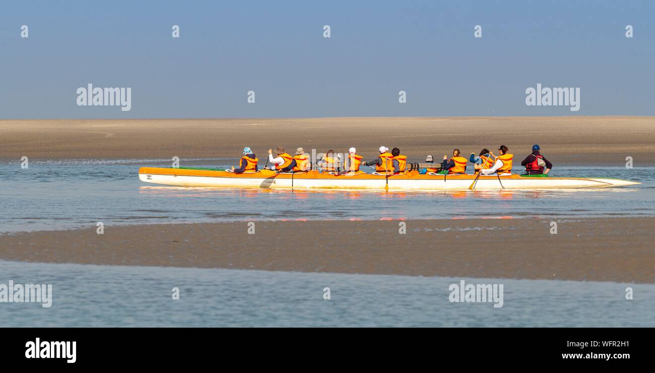 France, Picardie, Baie de Somme, Le Crotoy, indonésien et canots canoë kayak durant la marée haute, les bateaux sont à attendre que le flux et le mascaret à l'entrée de la baie et puis allez jusqu'a aidé par le fort courant, parfois accompagnés par les joints, certains ne leur bateau sur les bancs d'observer les oiseaux délogée par la marée Banque D'Images