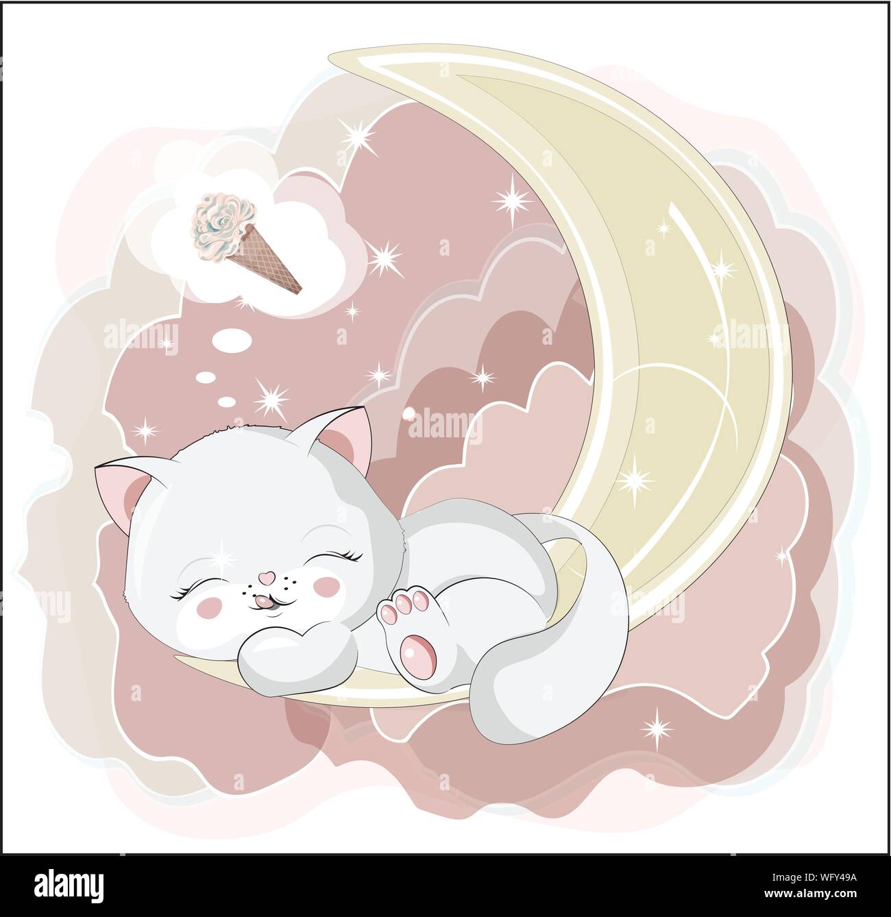 Le miel blanc joli chat, chaton, le sommeil et le sourire de chat, avec de la glace. Peut être utilisé pour t-shirt print, Kids wear fashion design, bébé douche invitat Illustration de Vecteur