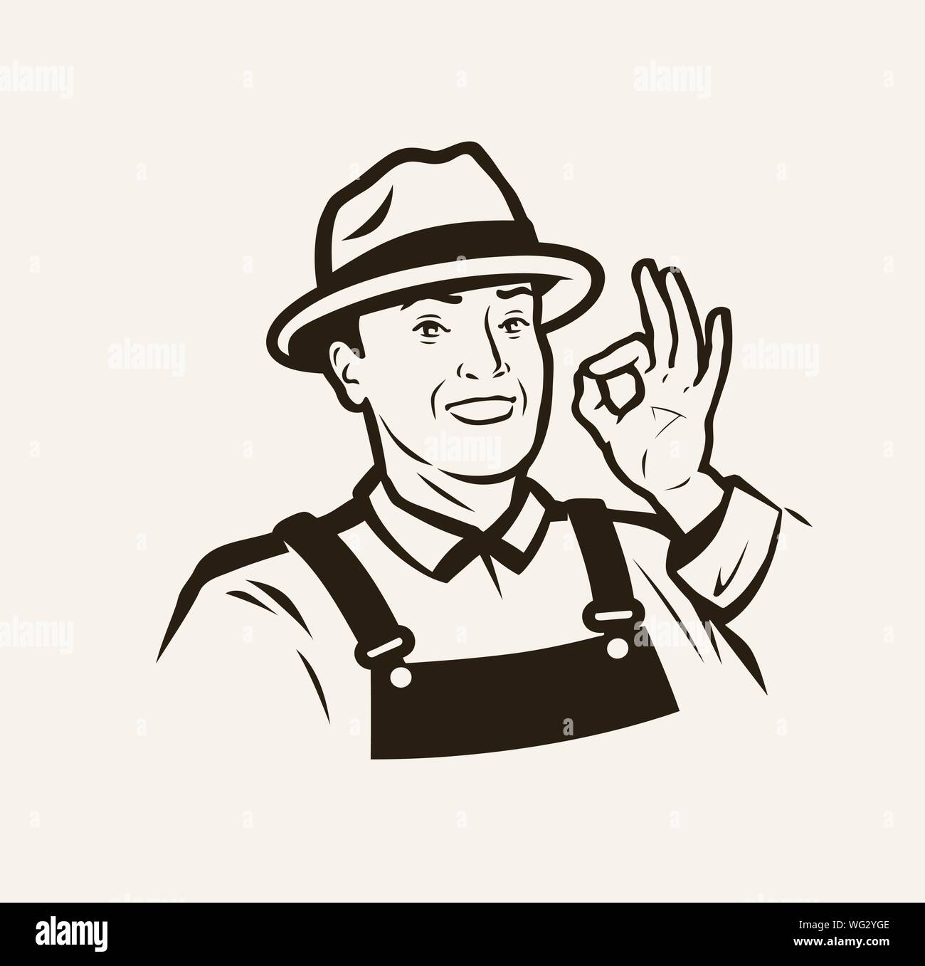 Portrait d'un fermier joyeux dans un chapeau. Illustration du vecteur d'esquisse Illustration de Vecteur