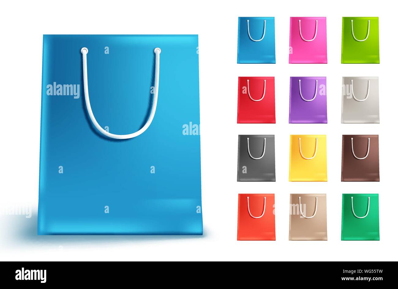 Sacs shopping vector set isolé en blanc. Sac de papier coloré de bleu et de collecte d'autres couleurs pour le shopping et les éléments de conception du marché. Vector Illustration de Vecteur