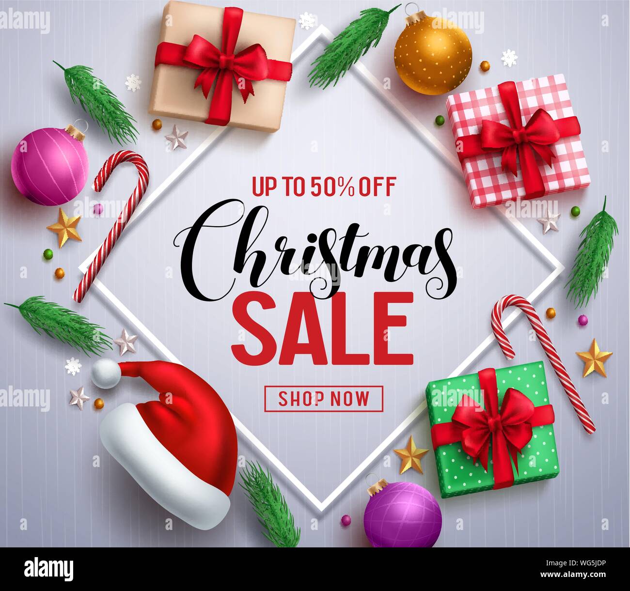 Vente de Noël bannière promotionnelle avec les cadeaux de Noël et des éléments dans une image d'arrière-plan blanc. Vector illustration. Illustration de Vecteur