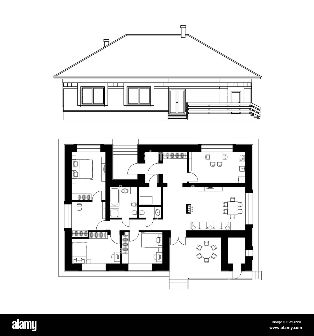 Projet architectural d'une maison. Dimensions de la façade et le plan de la maison. Vector illustration réaliste. Isolé sur fond blanc. Illustration de Vecteur
