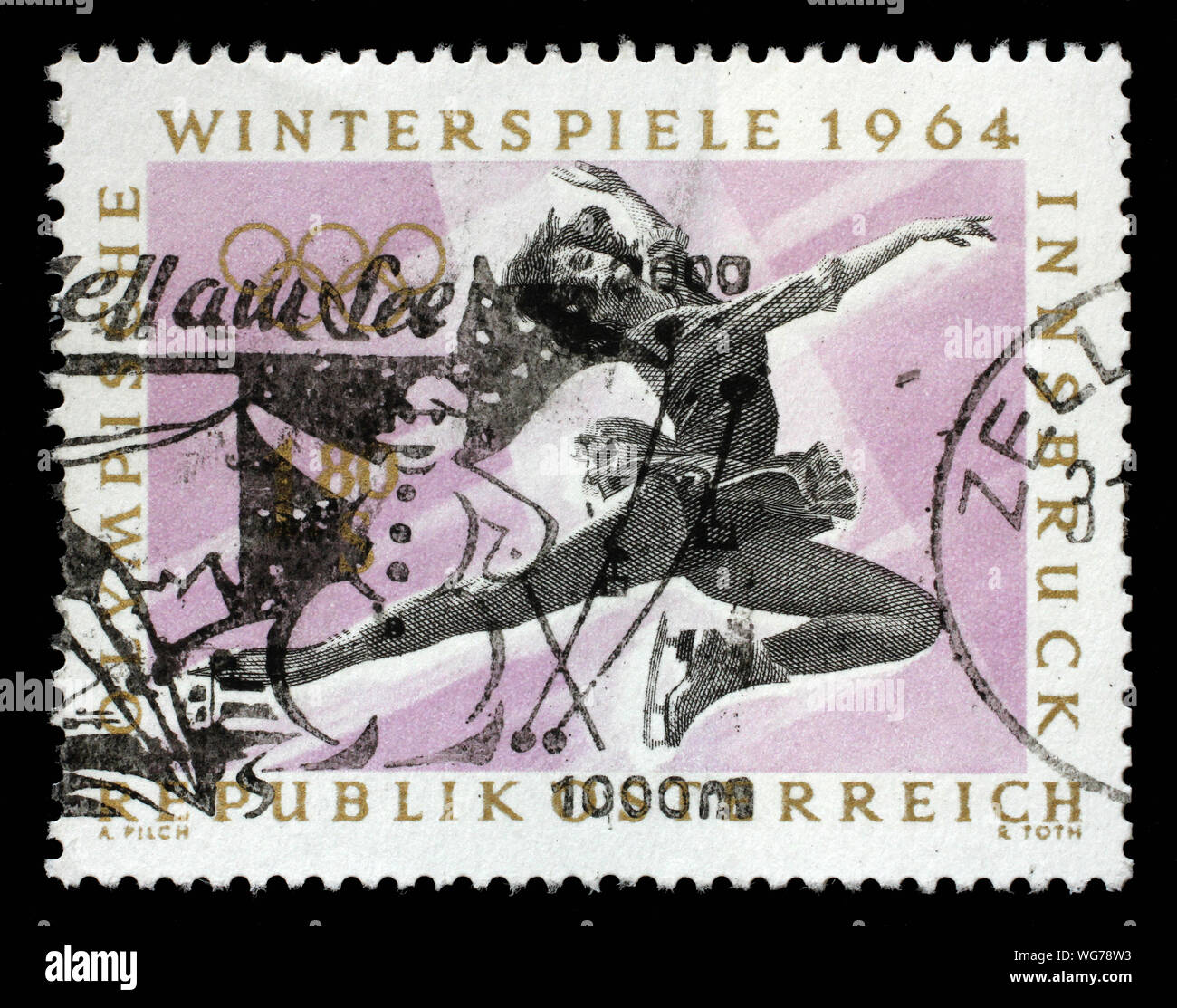 Timbre émis à l'Autriche montre le patinage artistique, aux Jeux Olympiques d'hiver - Innsbruck 1964, vers 1963. Banque D'Images