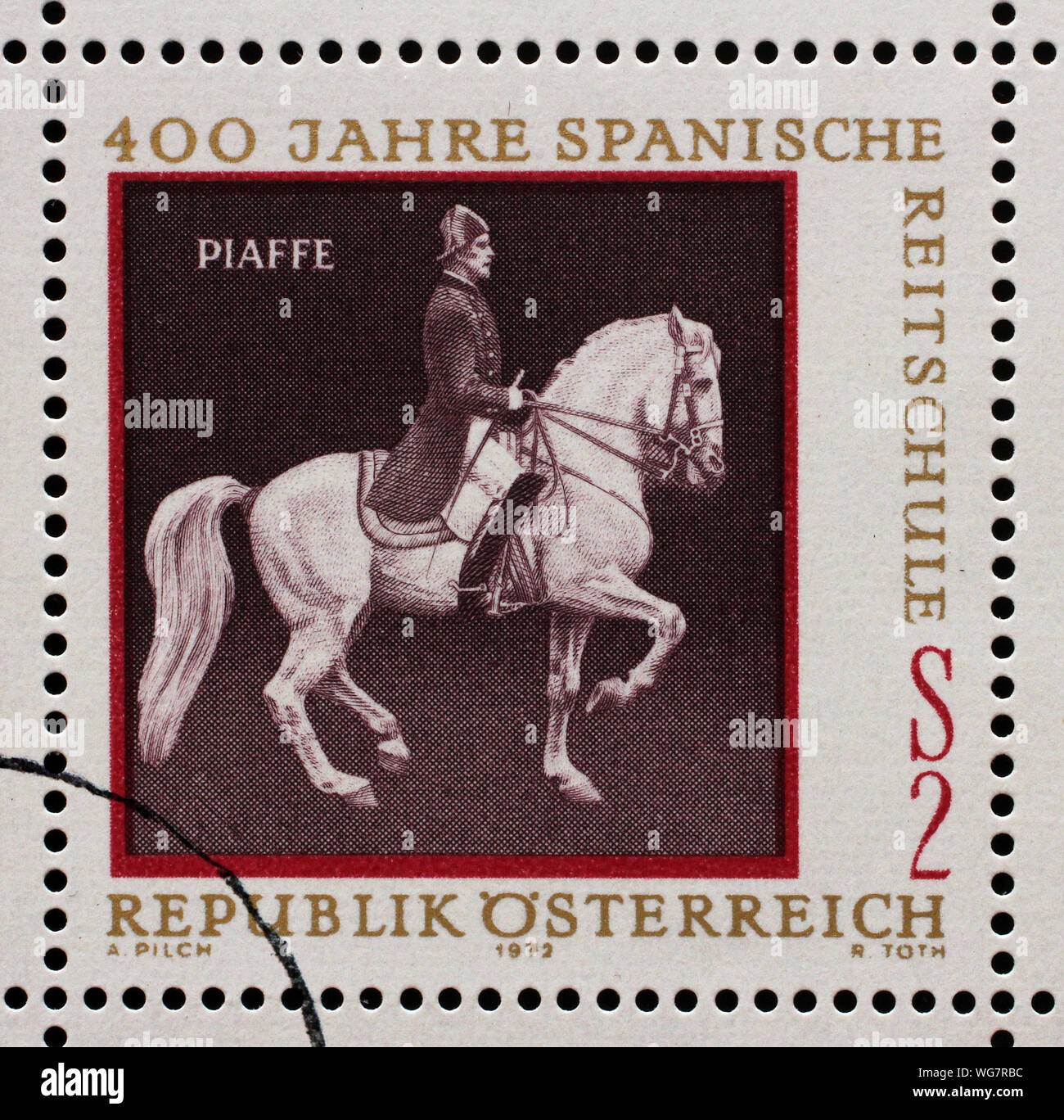 Timbre émis à l'Autrichien montre le hippisme et l'équitation, l'équitation espagnole de Vienne, vers 1972. Banque D'Images
