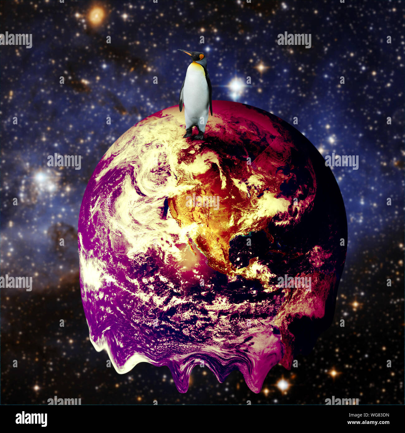 Planète Terre et de fusion un pingouin solitaire au-dessus - le réchauffement de la notion Banque D'Images
