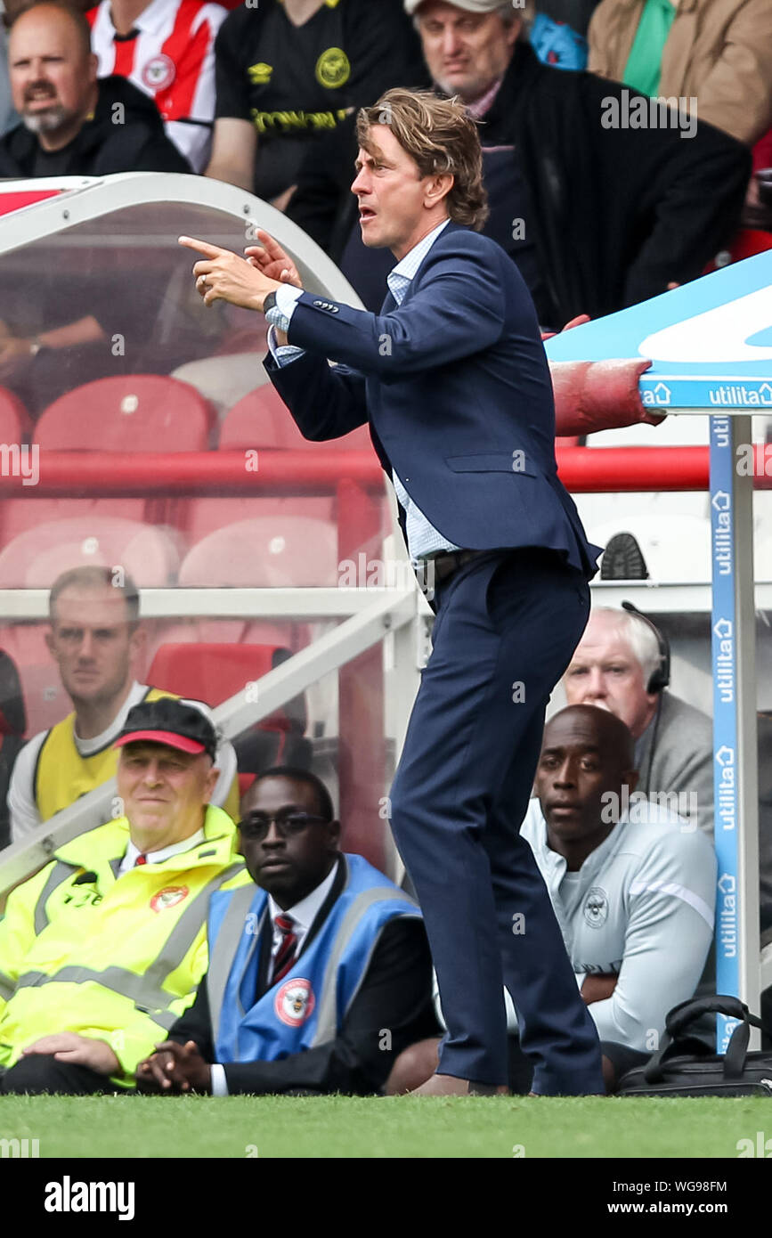 Londres, Royaume-Uni. Août 31, 2019. Brentford Manager Thomas Frank au cours de l'EFL Sky Bet Championship match entre Brentford et Derby County à Griffin Park, Londres, Angleterre le 31 août 2019. Photo de Ken d'Étincelles. Usage éditorial uniquement, licence requise pour un usage commercial. Aucune utilisation de pari, de jeux ou d'un seul club/ligue/dvd publications. Credit : UK Sports Photos Ltd/Alamy Live News Banque D'Images
