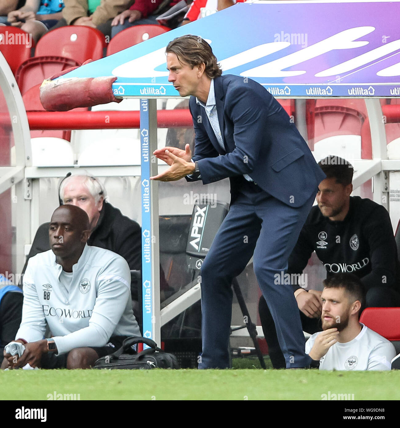 Londres, Royaume-Uni. Août 31, 2019. Brentford Manager Thomas Frank au cours de l'EFL Sky Bet Championship match entre Brentford et Derby County à Griffin Park, Londres, Angleterre le 31 août 2019. Photo de Ken d'Étincelles. Usage éditorial uniquement, licence requise pour un usage commercial. Aucune utilisation de pari, de jeux ou d'un seul club/ligue/dvd publications. Credit : UK Sports Photos Ltd/Alamy Live News Banque D'Images