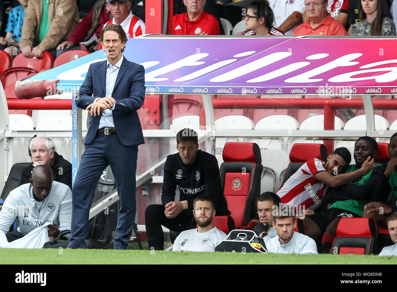 Londres, Royaume-Uni. Août 31, 2019. Brentford Manager Thomas Frank au cours de l'EFL Sky Bet Championship match entre Brentford et Derby County à Griffin Park, Londres, Angleterre le 31 août 2019. Photo de Ken d'Étincelles. Usage éditorial uniquement, licence requise pour un usage commercial. Aucune utilisation de pari, de jeux ou d'un seul club/ligue/dvd publications. Credit : UK Sports Photos Ltd/Alamy Live News Banque D'Images