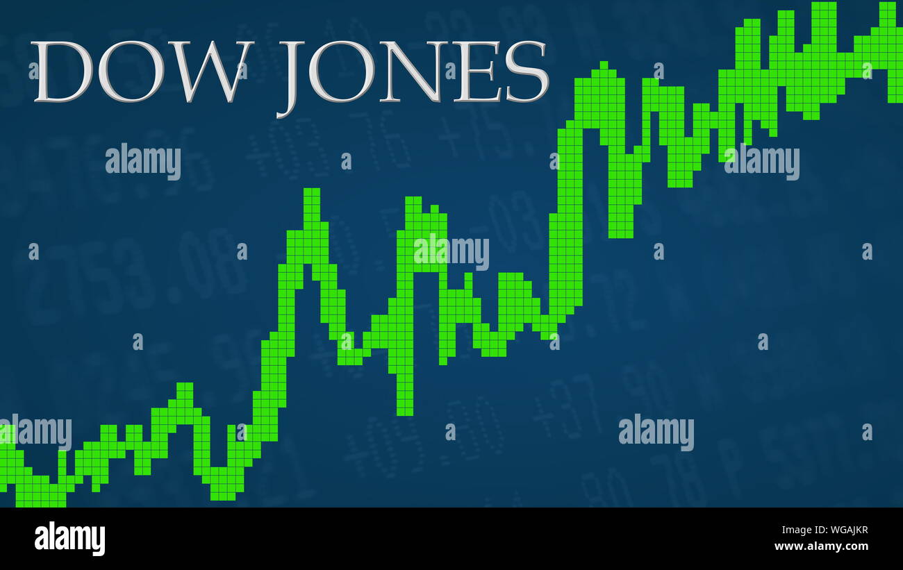 La bourse américaine index Dow Jones est en hausse. Le graphique verte à côté de l'indice Dow Jones d'argent titre sur fond bleu est montrant vers le haut et de... Banque D'Images