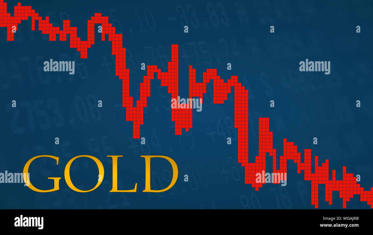 Le prix du produit de l'or est en baisse. Le graphe rouge à côté du titre de l'or d'or sur fond bleu montre vers le bas et symbolise le prix... Banque D'Images