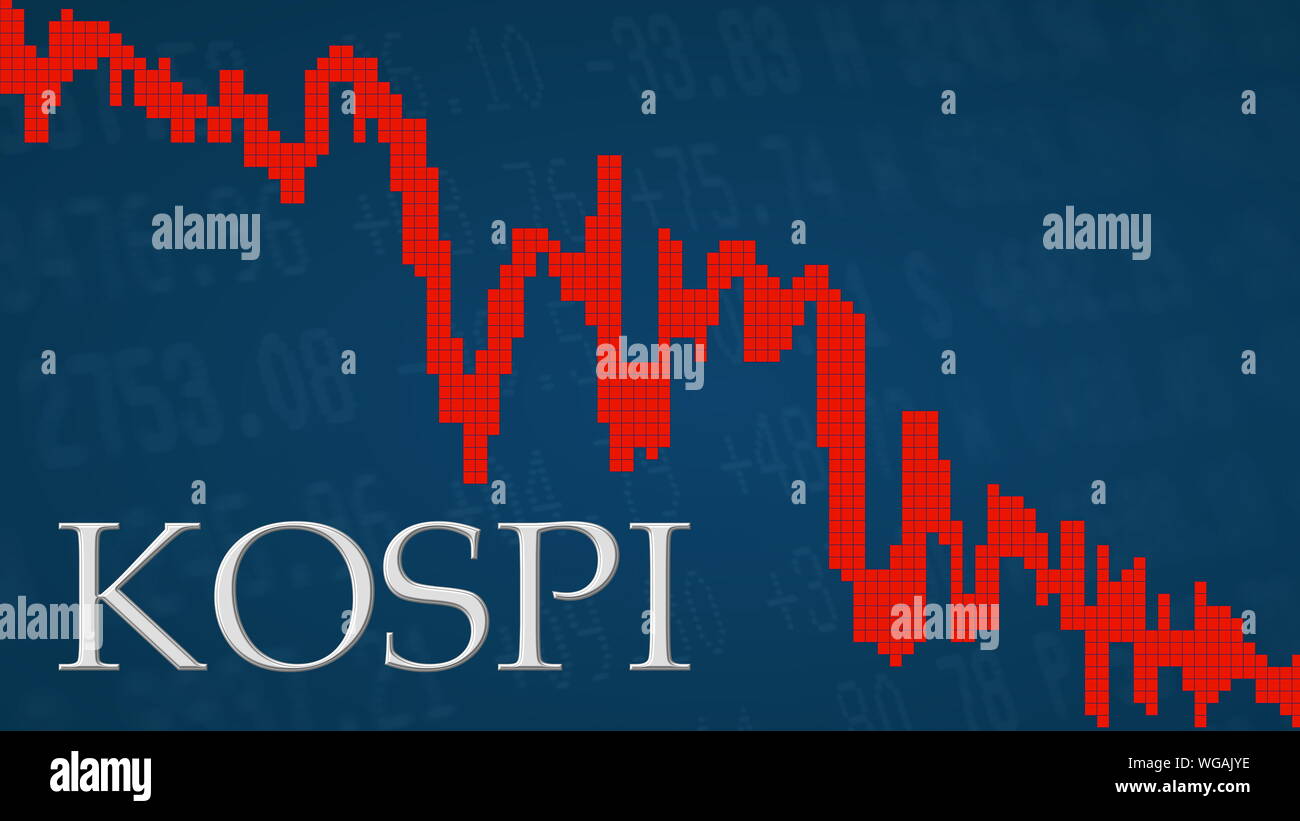 La Corée composé ou l'indice KOSPI est en baisse. Le graphe rouge à côté de l'argent KOSPI titre sur fond bleu est montrant vers le bas et de... Banque D'Images