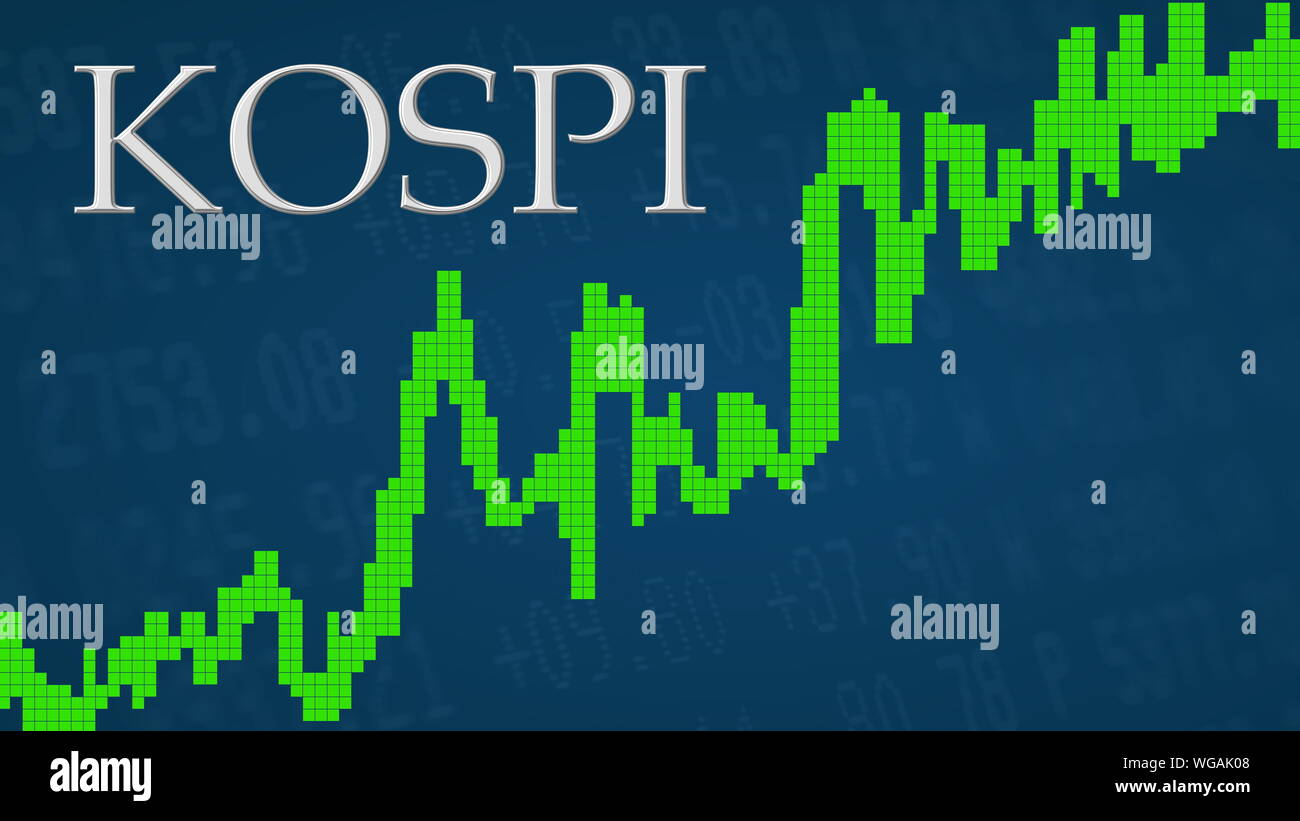 La Corée composé ou l'indice KOSPI est à la hausse. Le graphique vert à côté du titre KOSPI argent sur fond bleu est montrant vers le haut et de... Banque D'Images