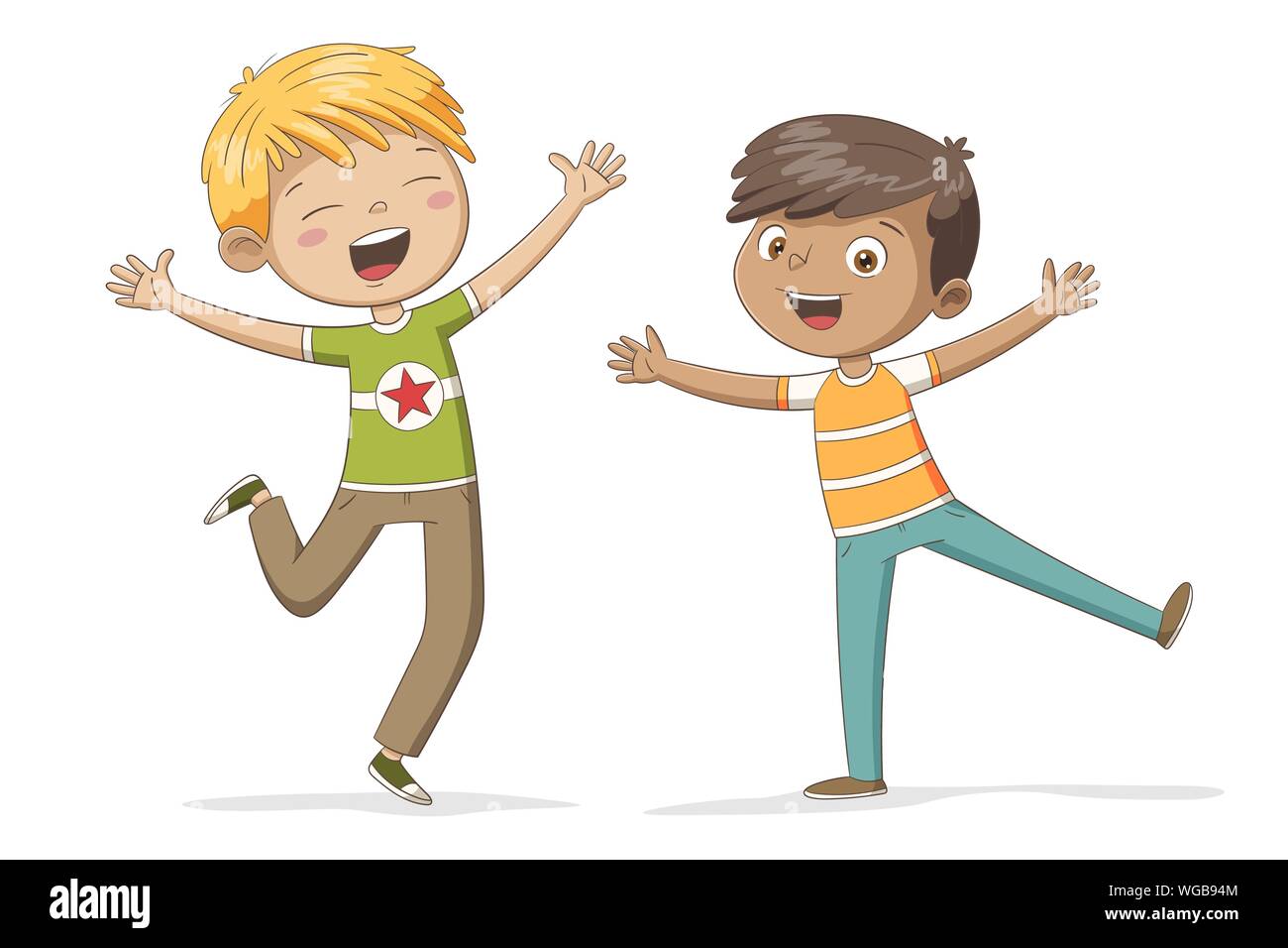 Deux enfants heureux. Funny cartoon caractère dessiné à la main. Illustration de Vecteur
