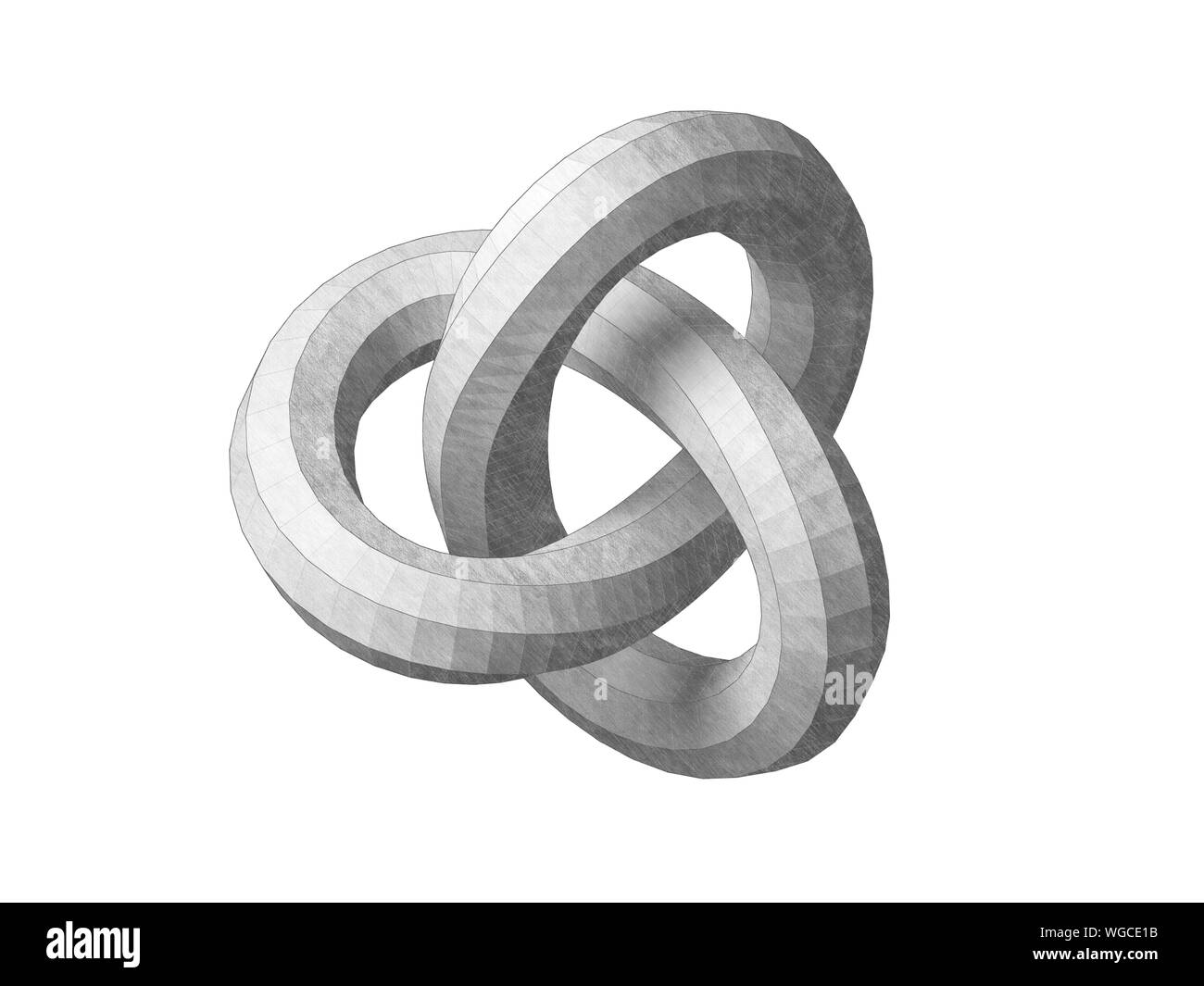 Torus knot poly faible représentation géométrique. Objet abstrait isolé sur fond blanc. Crayon Graphite rendu 3d illustration stylisée Banque D'Images