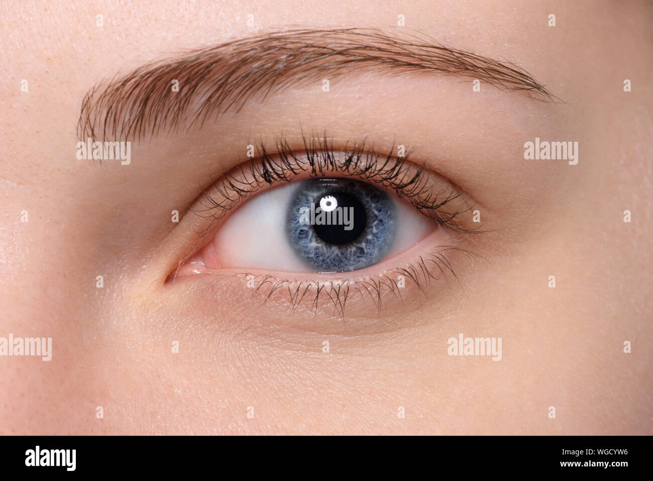 Close up blue eye avec maquillage naturel à la recherche sur le côté, macro shot avec la peau parfaite Banque D'Images