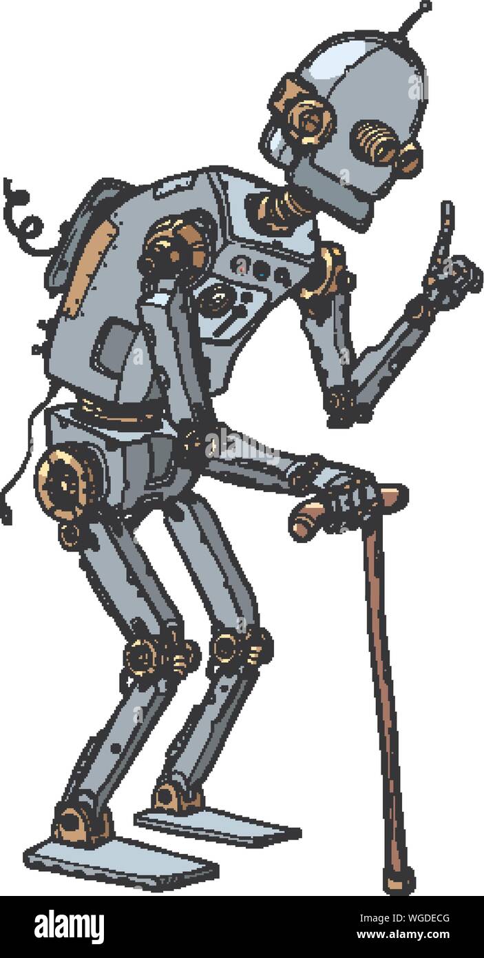 L'homme robot très ancien avec un bâton. Retro pop art dessin illustration vectorielle Illustration de Vecteur