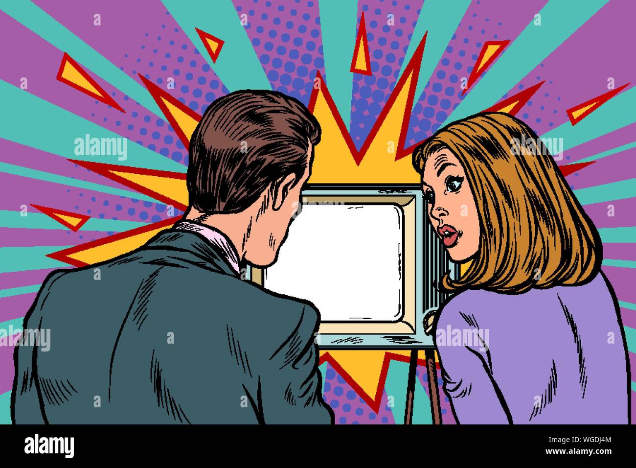 Les téléspectateurs, un couple mari et femme, regarder la télévision. Retro pop art dessin illustration vectorielle Illustration de Vecteur