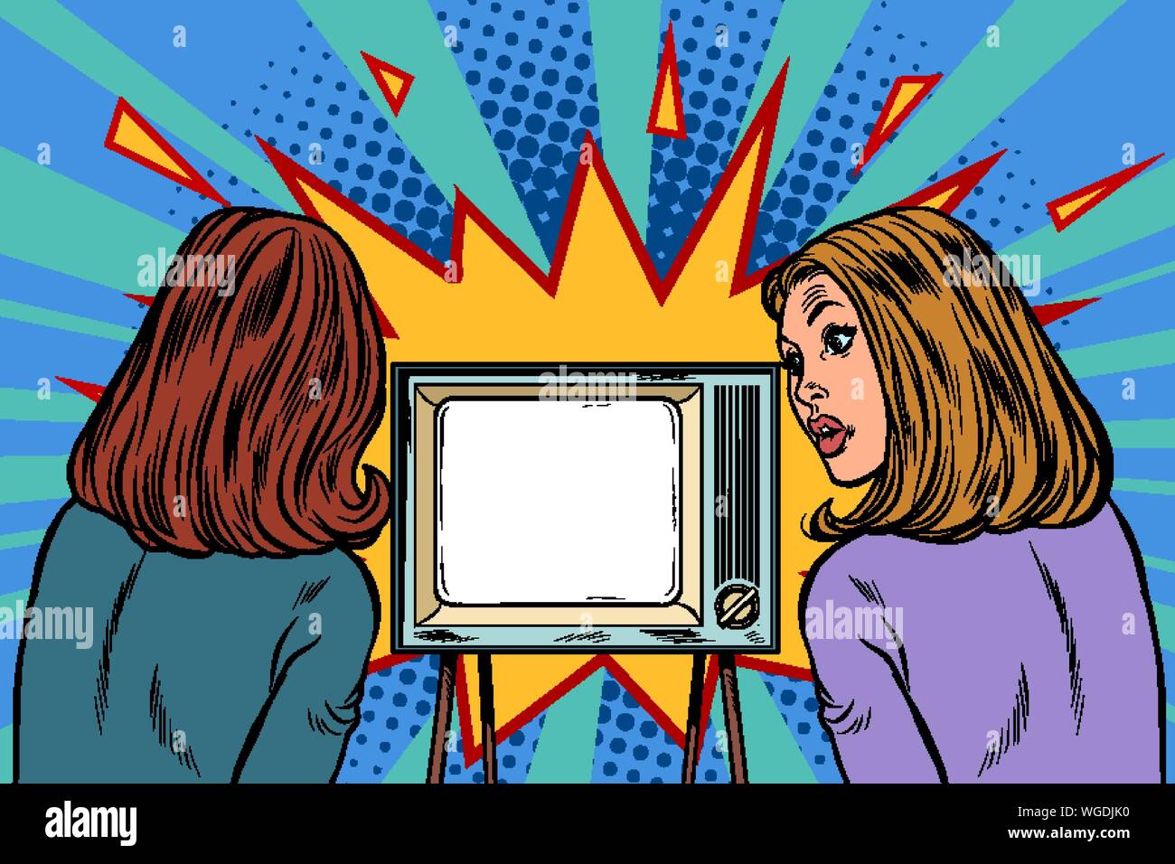 Deux copines de regarder la télévision. Femme d'affaires. Retro pop art dessin illustration vectorielle Illustration de Vecteur