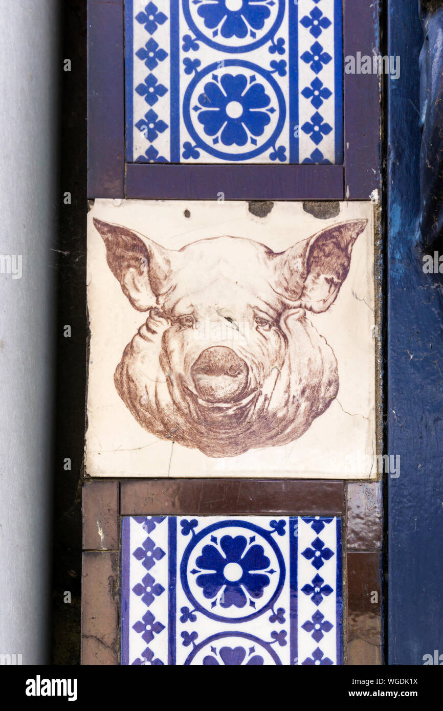 600x600 avec une tête de cochon sur les locaux de l'ancien boucher victorien à King's Lynn, Norfolk. Banque D'Images