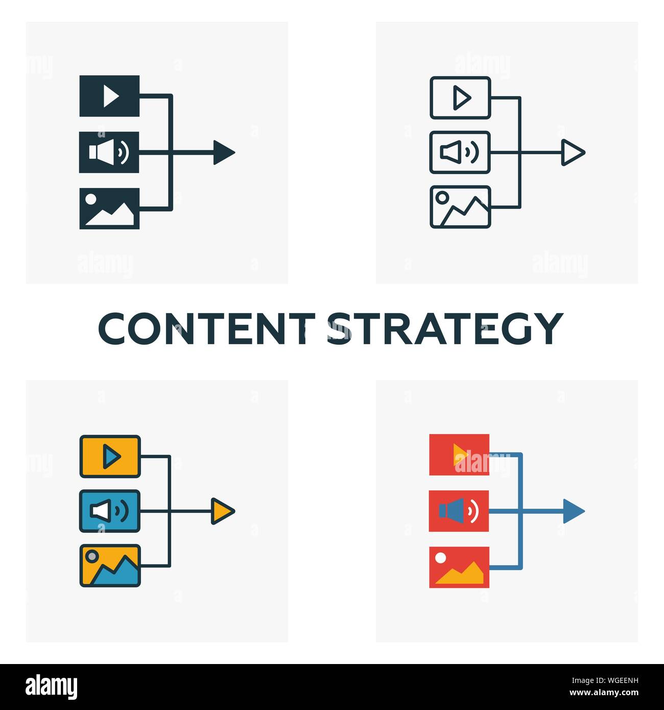 Stratégie de contenu icon set. Quatre éléments dans diférents styles à partir d'icônes contenu collection. Stratégie de contenu créatif rempli d'icônes de couleur, Contours, Illustration de Vecteur