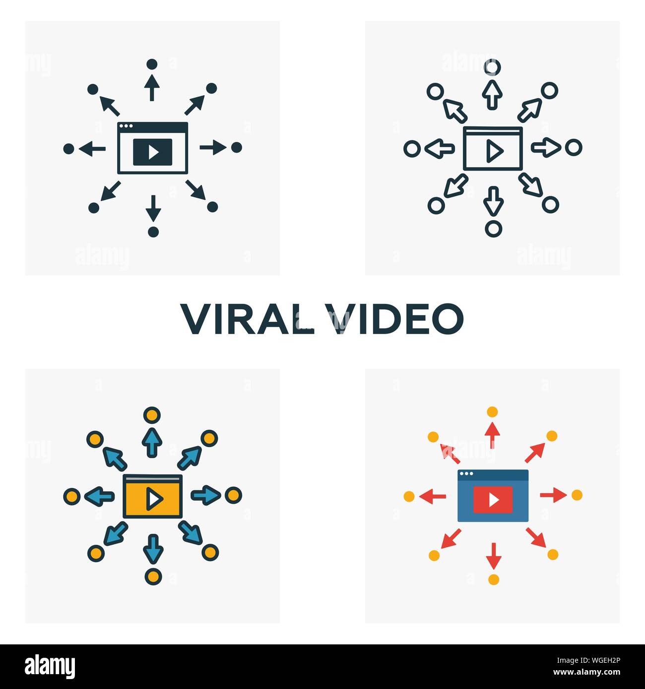 Vidéo virale icon set. Quatre éléments dans diférents styles à partir d'icônes contenu collection. Vidéo virale créative rempli d'icônes de couleur, contours, et télévision Illustration de Vecteur