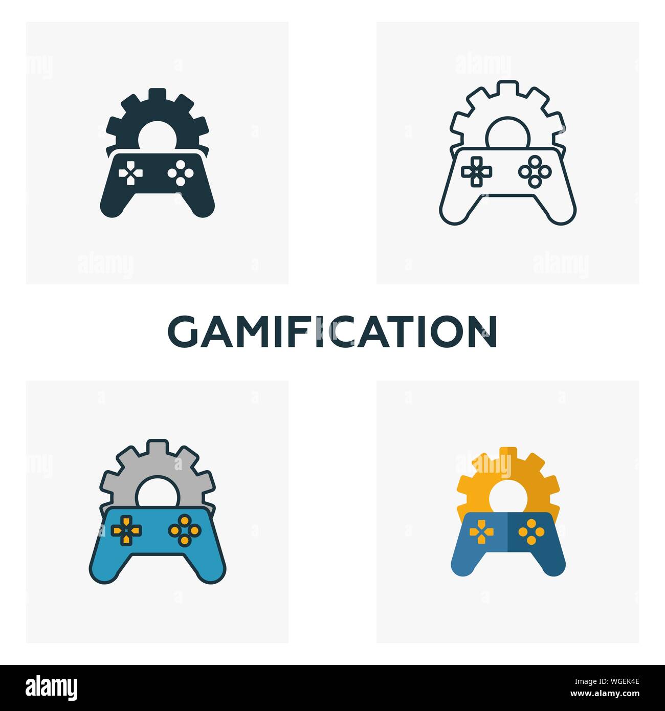 Gamification icon set. Quatre éléments dans diférents styles à partir d'icônes contenu collection. Gamification créatif rempli d'icônes de couleur, contours, et télévision Illustration de Vecteur