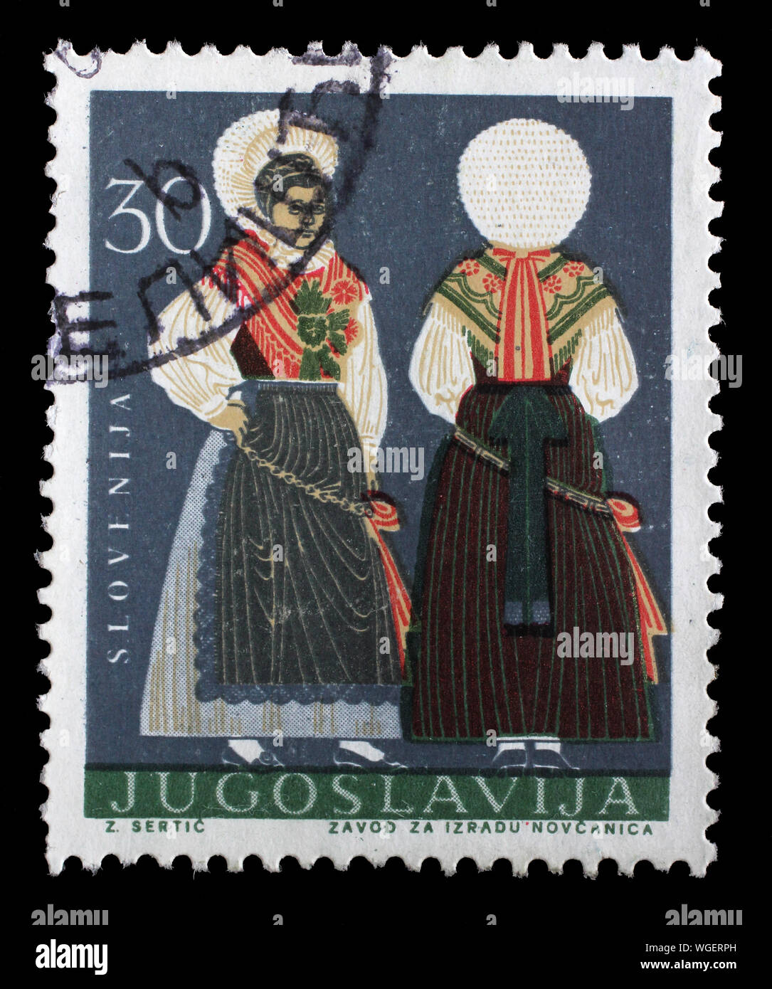 Timbre émis en Yougoslavie montre costume national de Slovénie, costumes régionaux, série, vers 1964. Banque D'Images