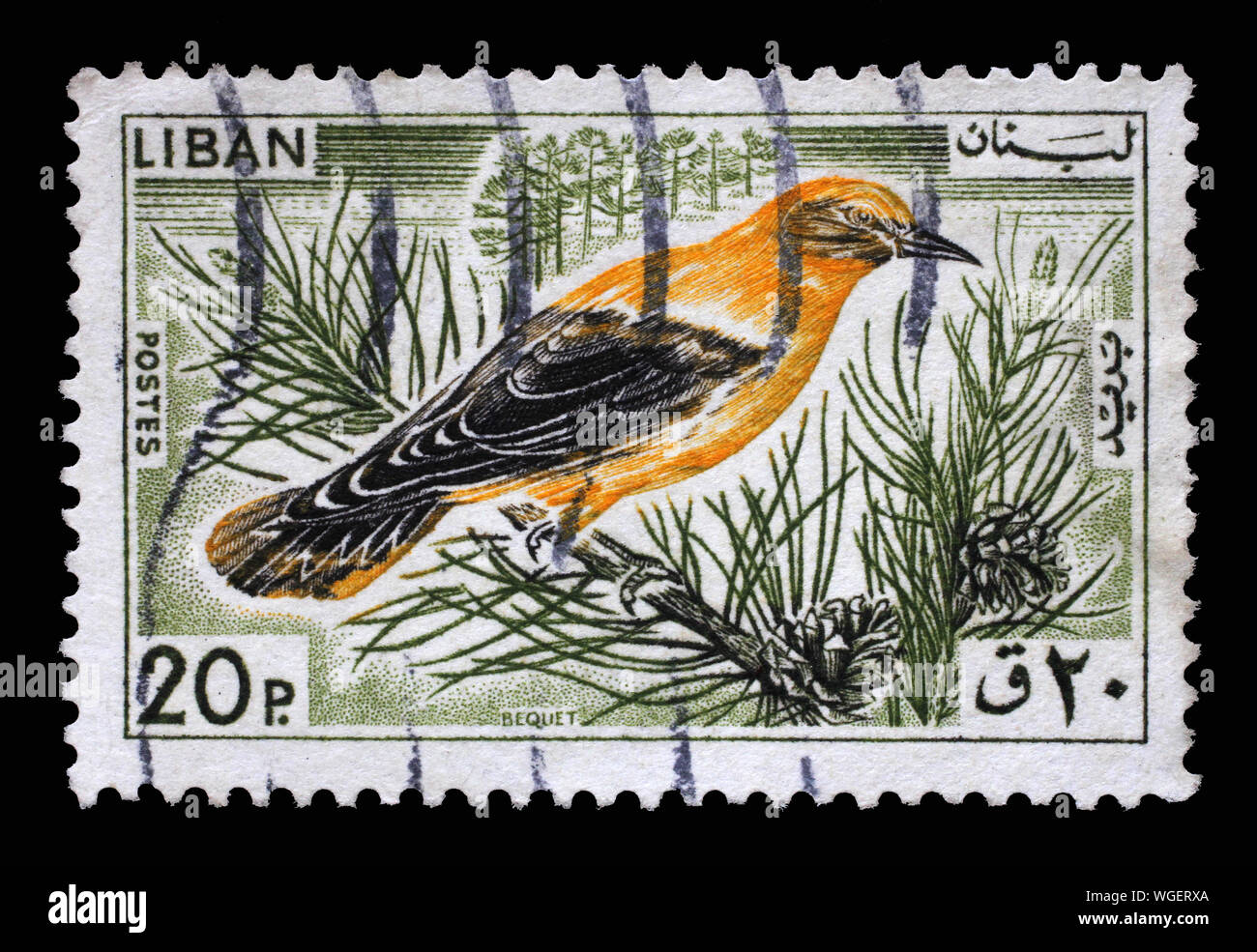 Timbre émis dans le Liban montre Golden Oriole oriolus Oriolus (oiseaux) à partir de la question des oiseaux, vers 1965. Banque D'Images