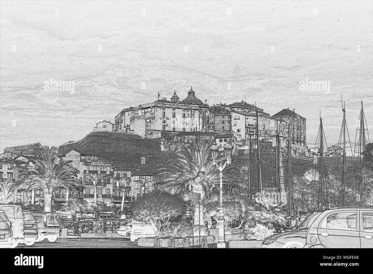 Soulagement de la vieille ville de Calvi sous une lumière bleue, ciel nuageux Banque D'Images