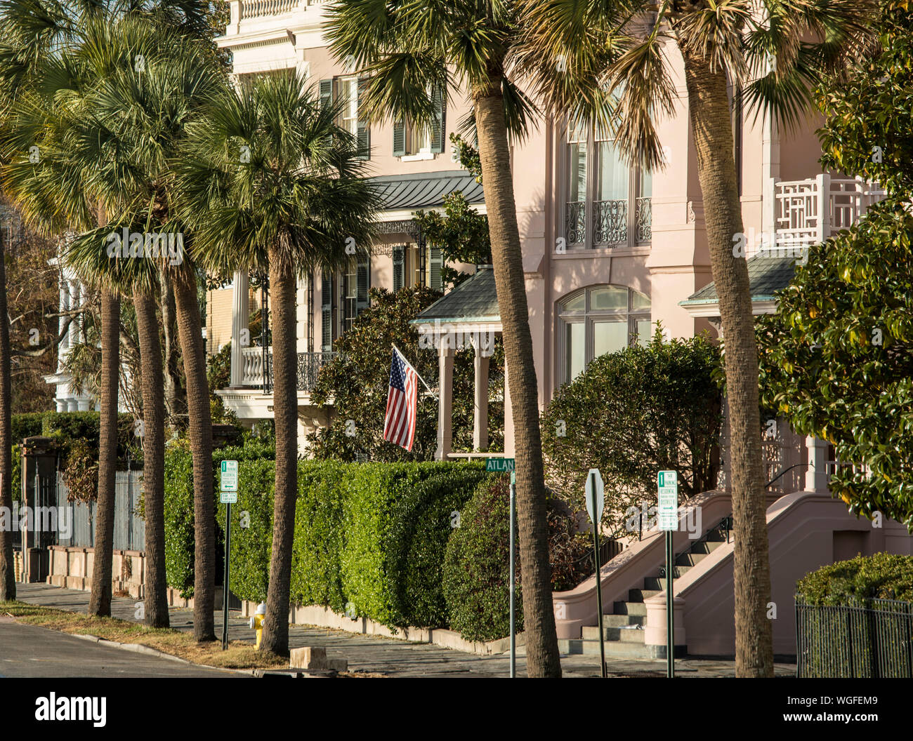 Les maisons en rangée et de palmiers dans le quartier historique de Charleston, Caroline du Sud Banque D'Images Les maisons en rangée et de palmiers dans le quartier historique de Charleston, Caroline du Sud Banque D'Images
