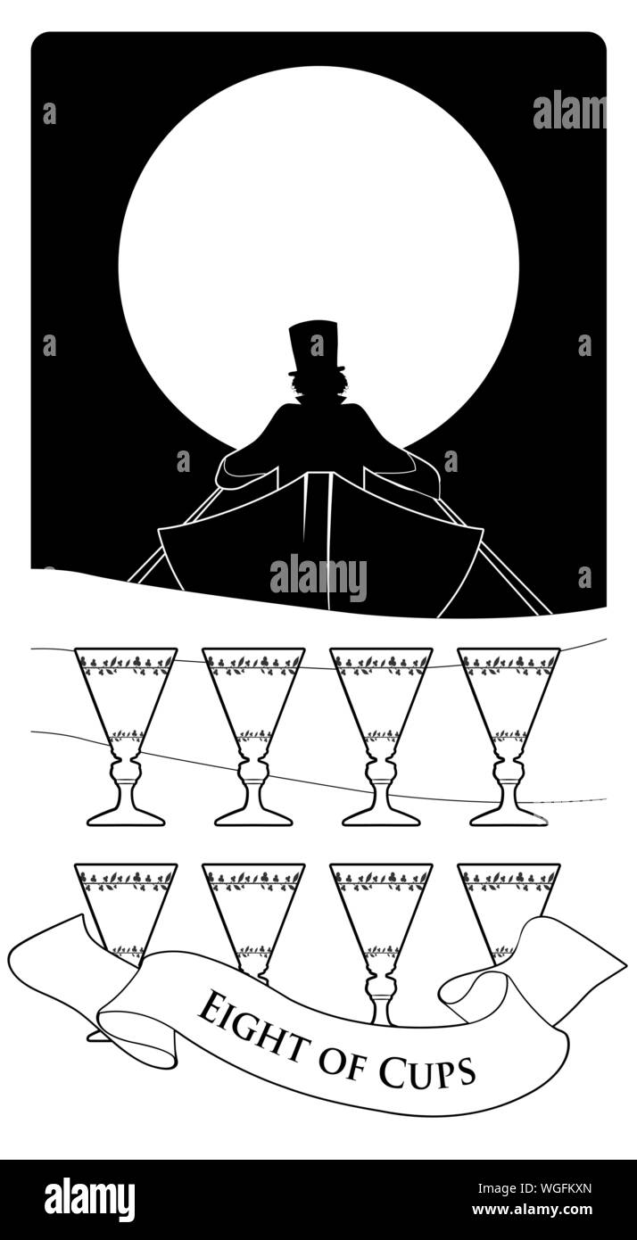 Huit tasses. Cartes de Tarot. Silhouette de bateau sur les vagues, dans lequel un homme avec un chapeau est l'aviron, en s'éloignant à l'horizon. Huit des coupes en or dans la fo Illustration de Vecteur