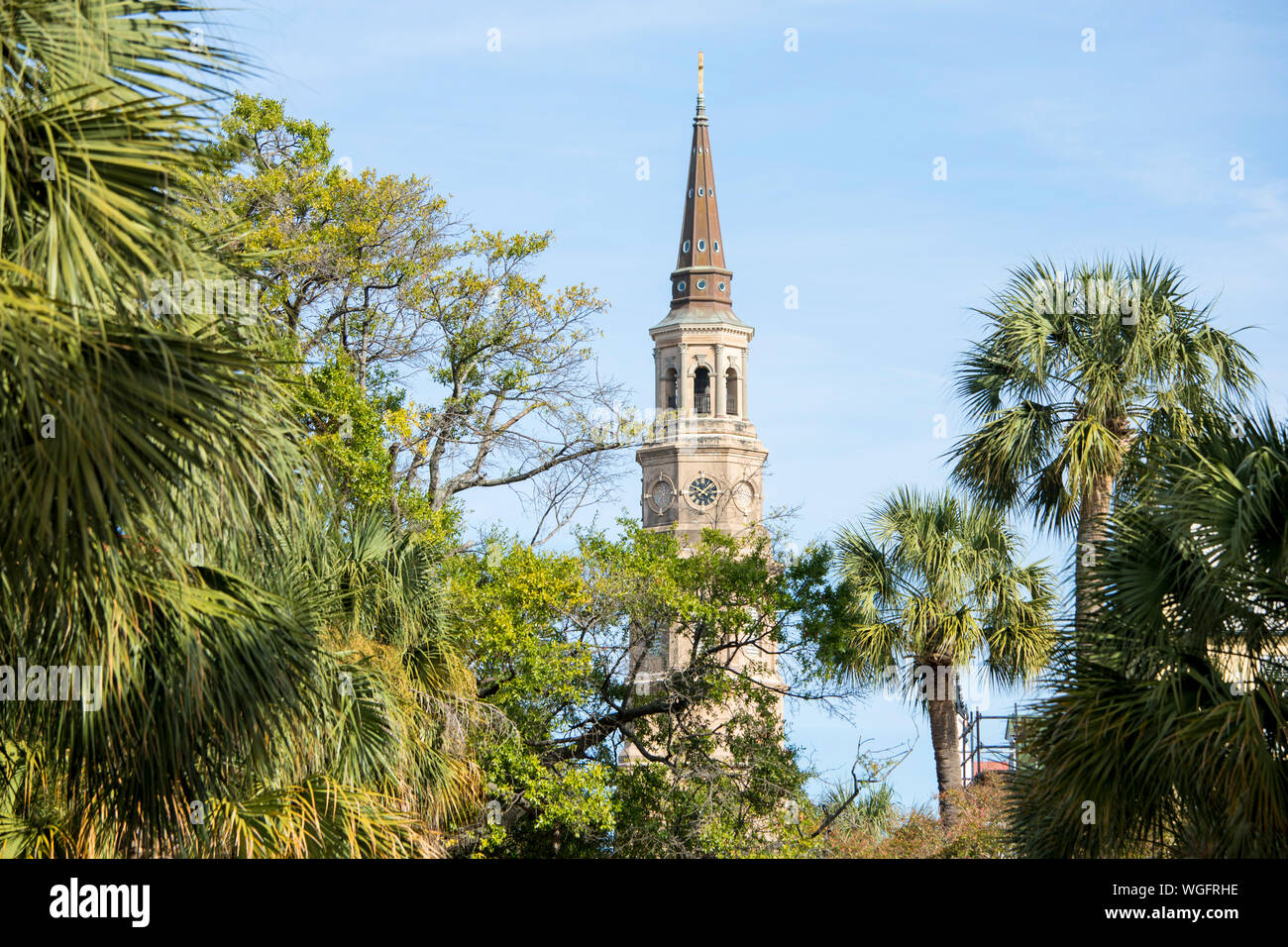 Palmiers avec le clocher de l'église St Philips à Charleston, Caroline du Sud Banque D'Images Palmiers avec le clocher de l'église St Philips à Charleston, Caroline du Sud Banque D'Images