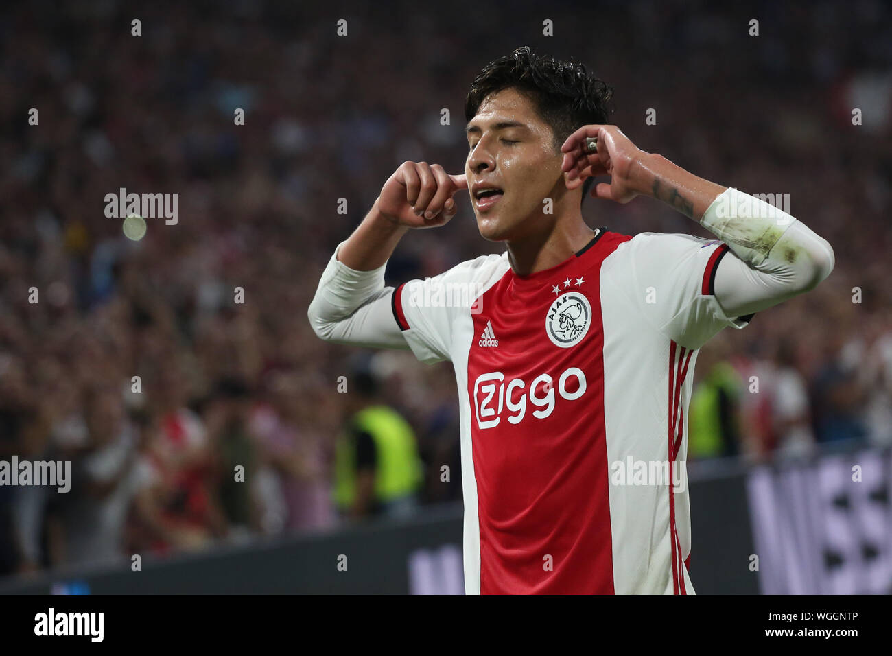 AMSTERDAM, Pays-Bas - le 28 août 2019 : Edson Alvarez (Ajax), photographié au cours de la deuxième étape de la finale de la Ligue des Champions 2019-2020 Qualif Final Banque D'Images