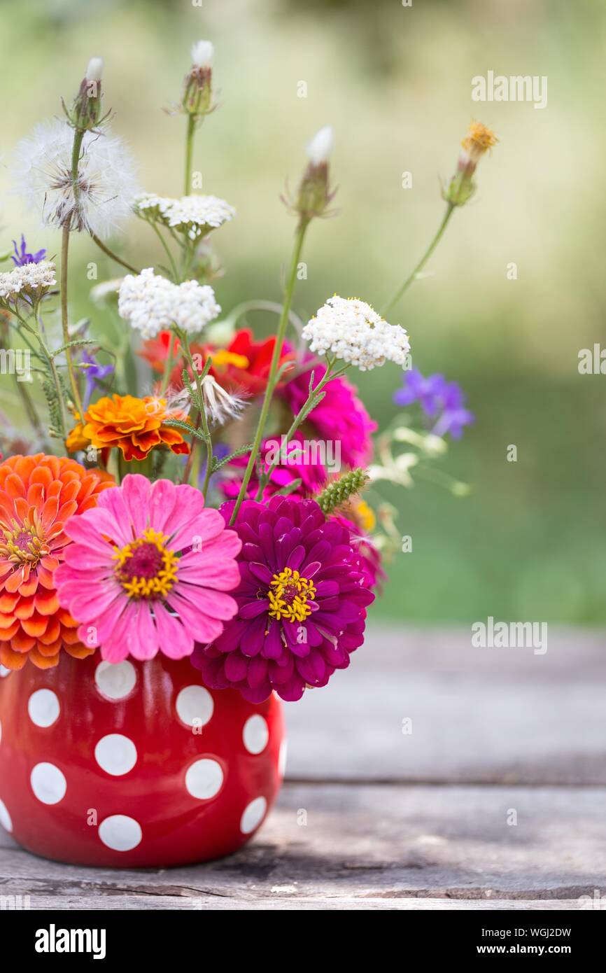 Beau bouquet de fleurs des champs lumineux dans un vase dans le jardin  Photo Stock - Alamy