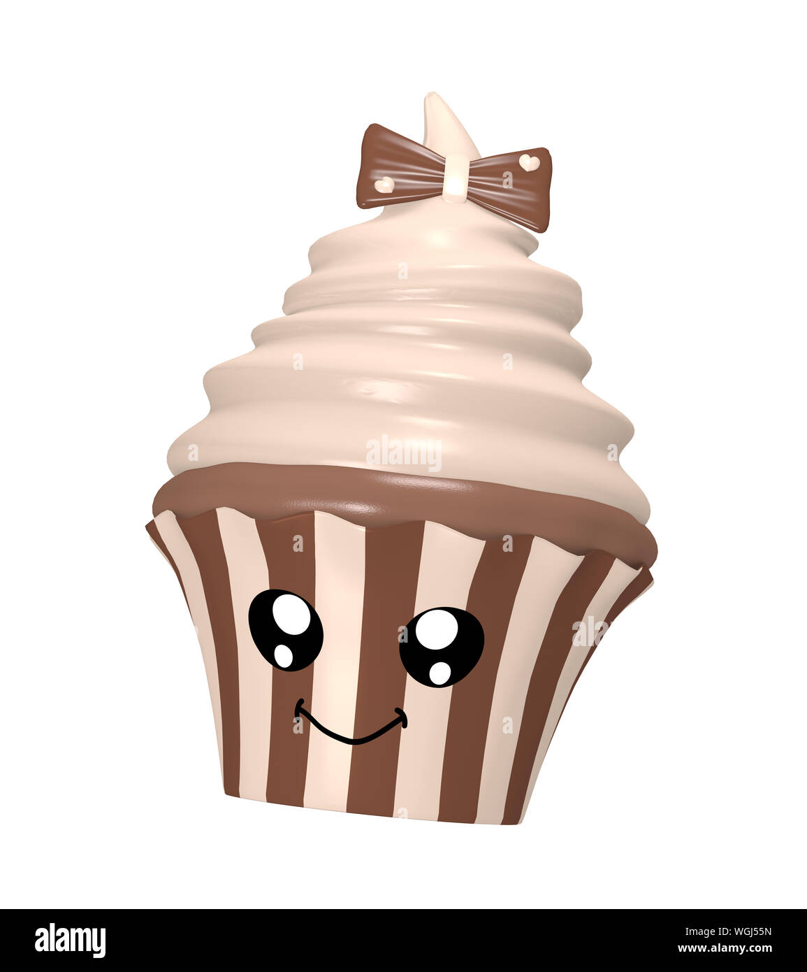 Cute cupcake chocolat Nougat avec arc et de rire face au style kawaii. 3D render Banque D'Images