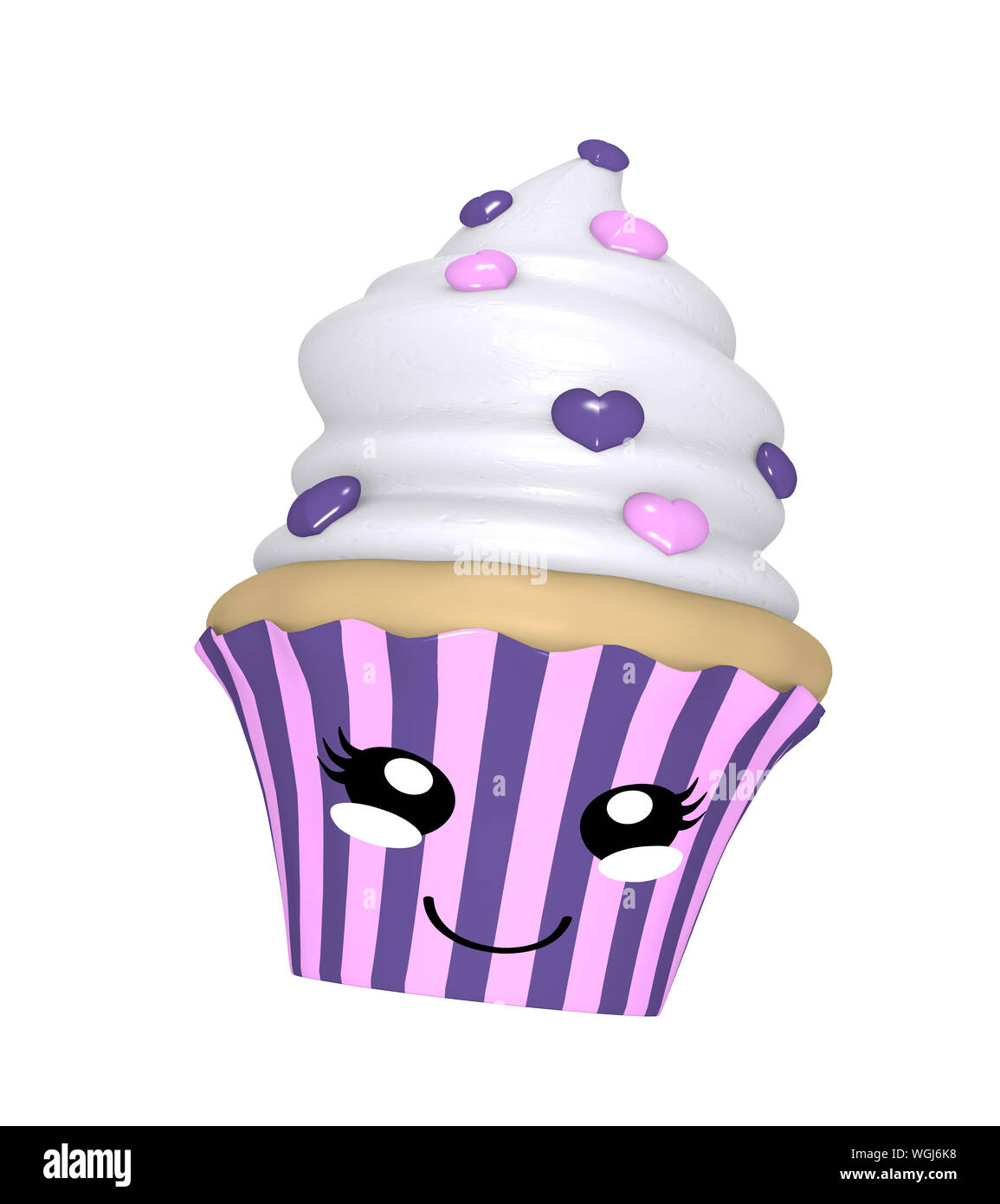 Cute cupcake en rose et mauve avec rire en face de style kawaii. 3D render Banque D'Images
