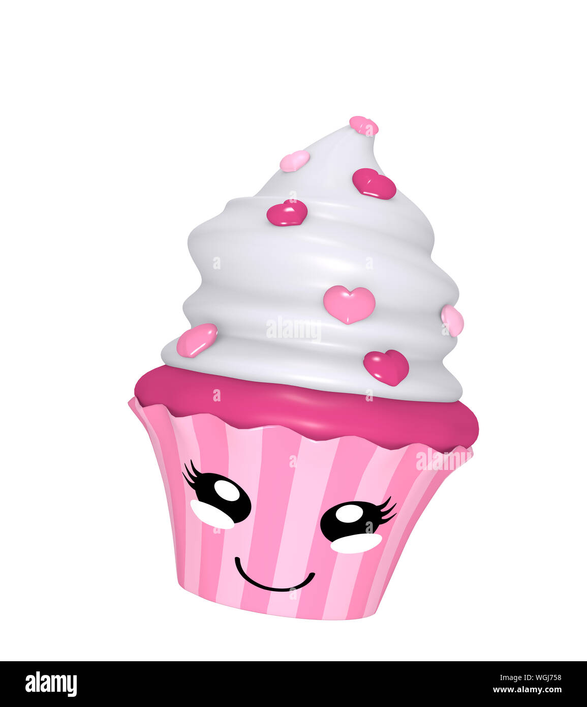 Cute cupcake en rose et magenta avec un rire face au style kawaii. 3D render Banque D'Images