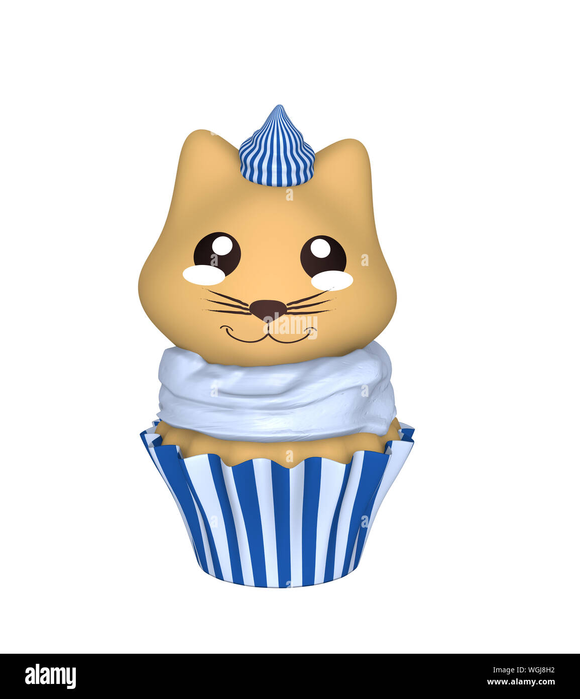 Cupcake bleu-blanc avec chaton en style kawaii. 3D render Banque D'Images