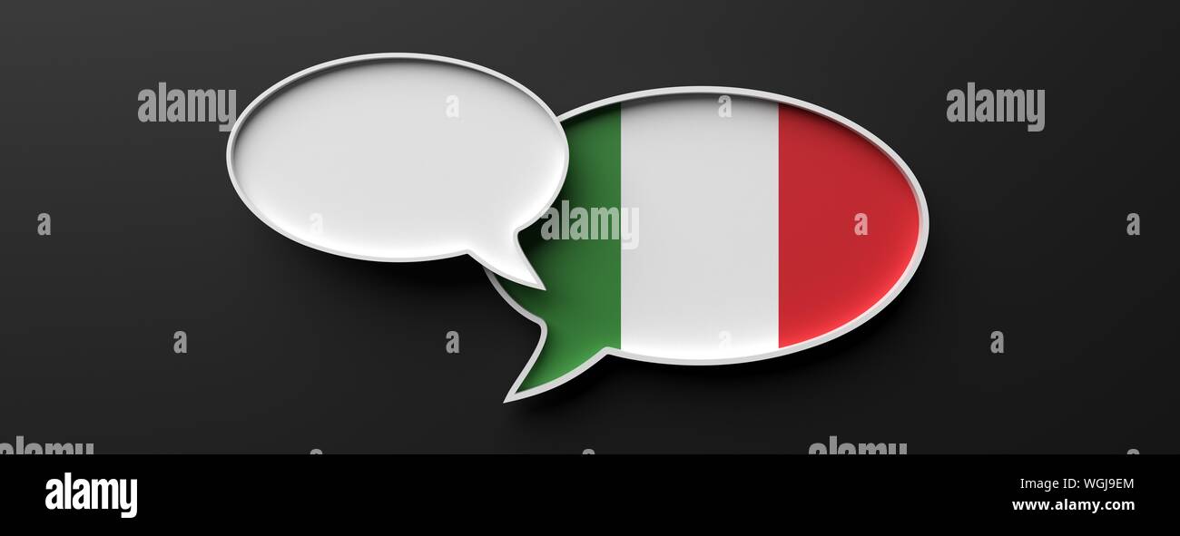 La communication en langue italienne, la traduction. Discours du drapeau italien et bulle bulle blanche sur fond noir, la bannière. 3d illustration Banque D'Images