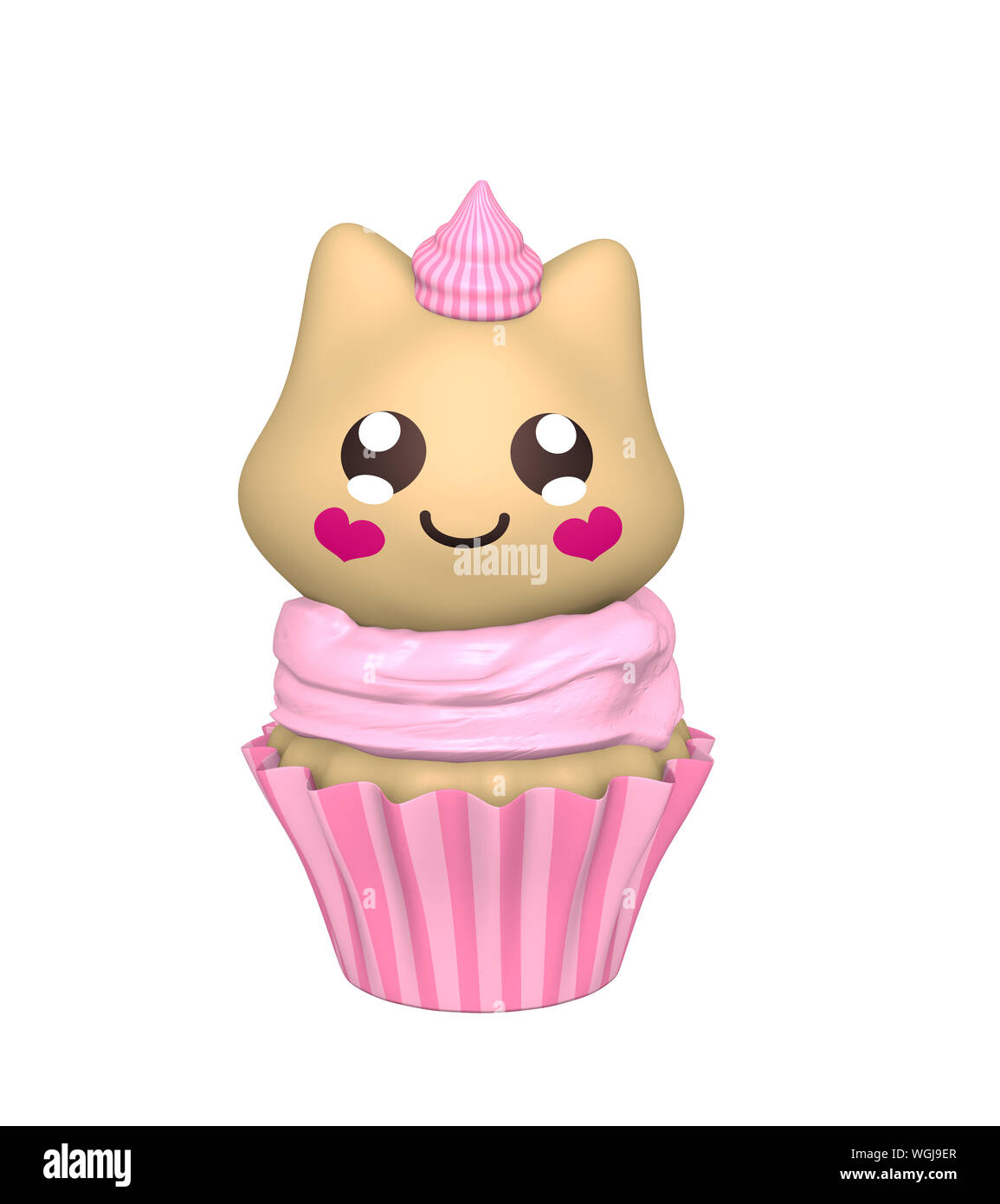 Cupcake rose avec kitty en style kawaii. 3D render Banque D'Images