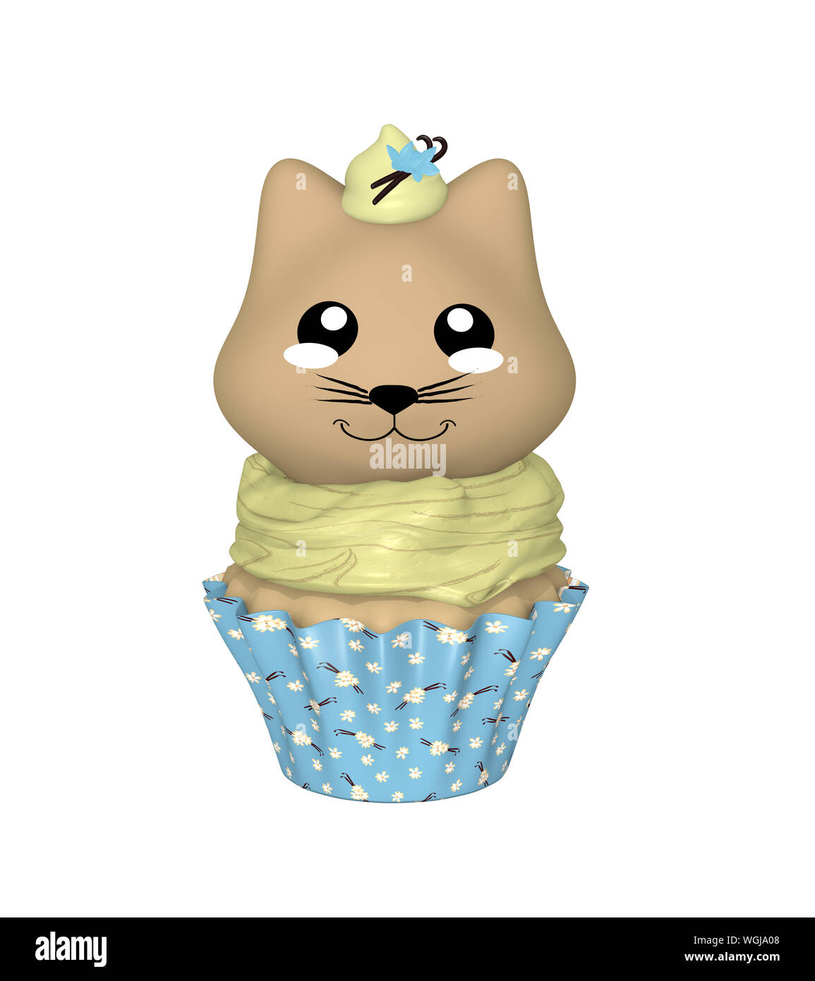 Cupcake à la vanille avec kitty en style kawaii. 3D render Banque D'Images