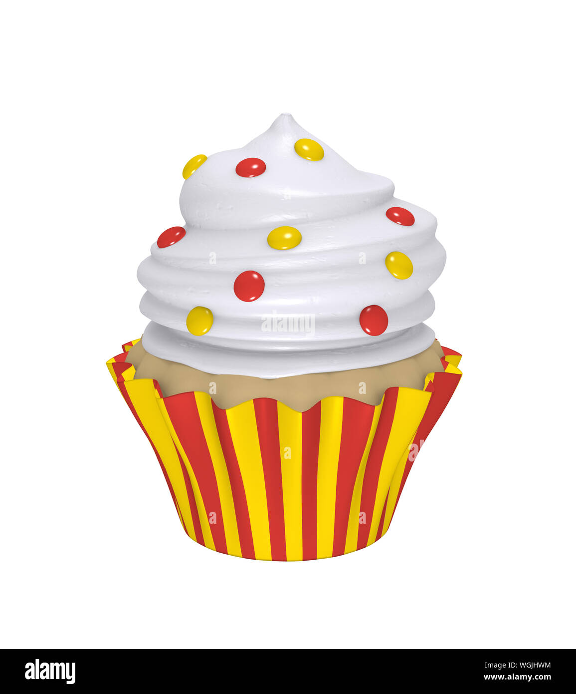 Délicieux petit gâteau en rouge-jaune avec des moules à rayures colorées et nappage smarties. 3D render Banque D'Images