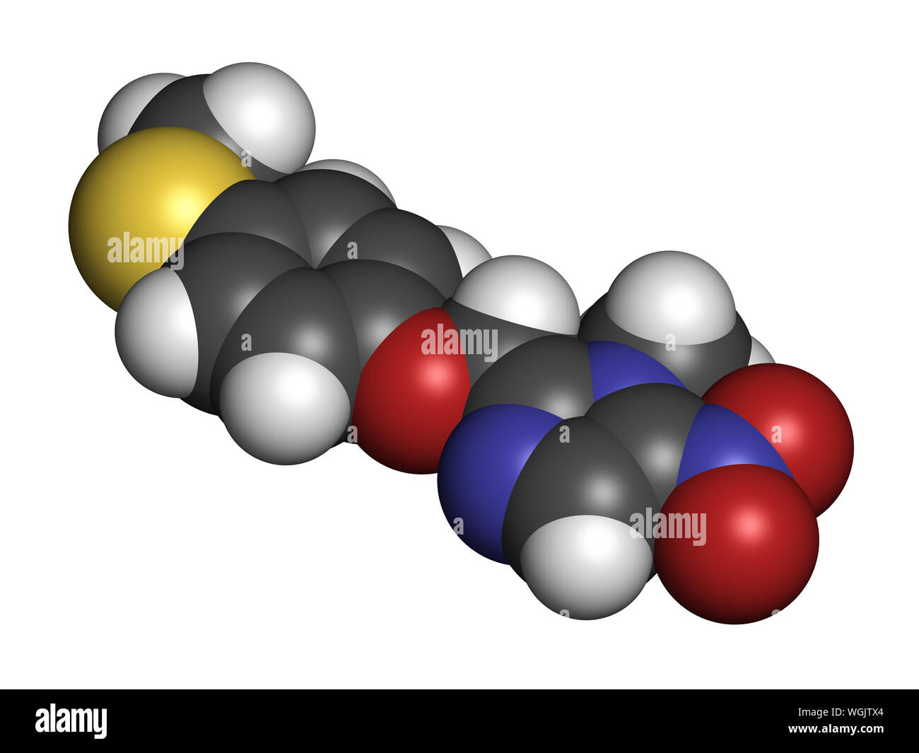 Fexinidazole antiprotozoose molécule pharmaceutique. Le rendu 3D. Les atomes sont représentés comme des sphères classiques avec codage couleur : blanc (hydrogène), carbone (gre Banque D'Images