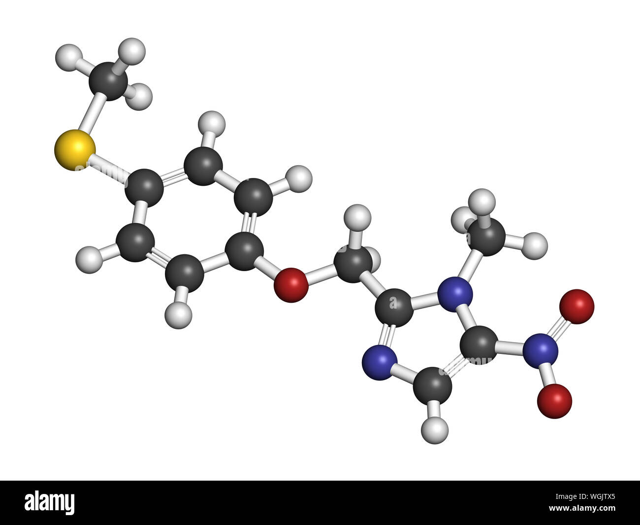 Fexinidazole antiprotozoose molécule pharmaceutique. Le rendu 3D. Les atomes sont représentés comme des sphères classiques avec codage couleur : blanc (hydrogène), carbone (gre Banque D'Images