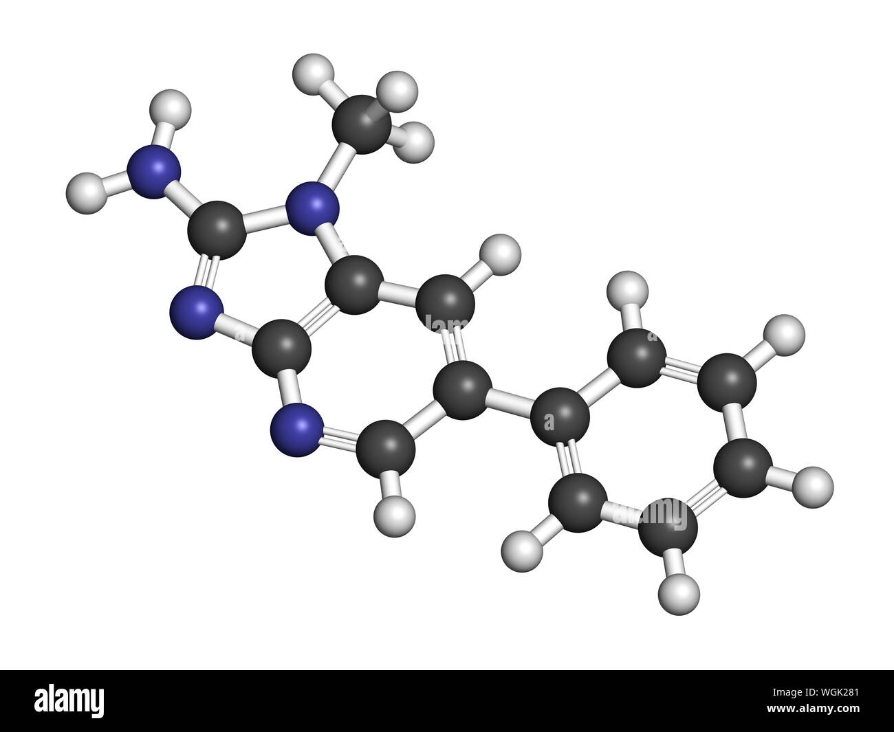 PhIP ou 2-Amino-1-méthyl-6-phenylimidazo(4,5-b)pyridine molécule. Amine hétérocyclique présents dans la viande cuite. Le rendu 3D. Les atomes sont représentés comme des sp Banque D'Images