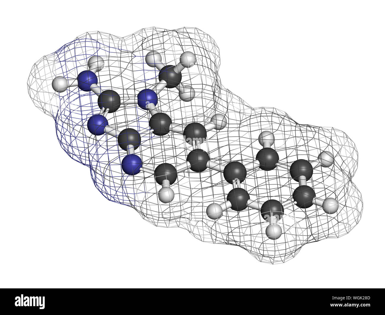 PhIP ou 2-Amino-1-méthyl-6-phenylimidazo(4,5-b)pyridine molécule. Amine hétérocyclique présents dans la viande cuite. Le rendu 3D. Les atomes sont représentés comme des sp Banque D'Images