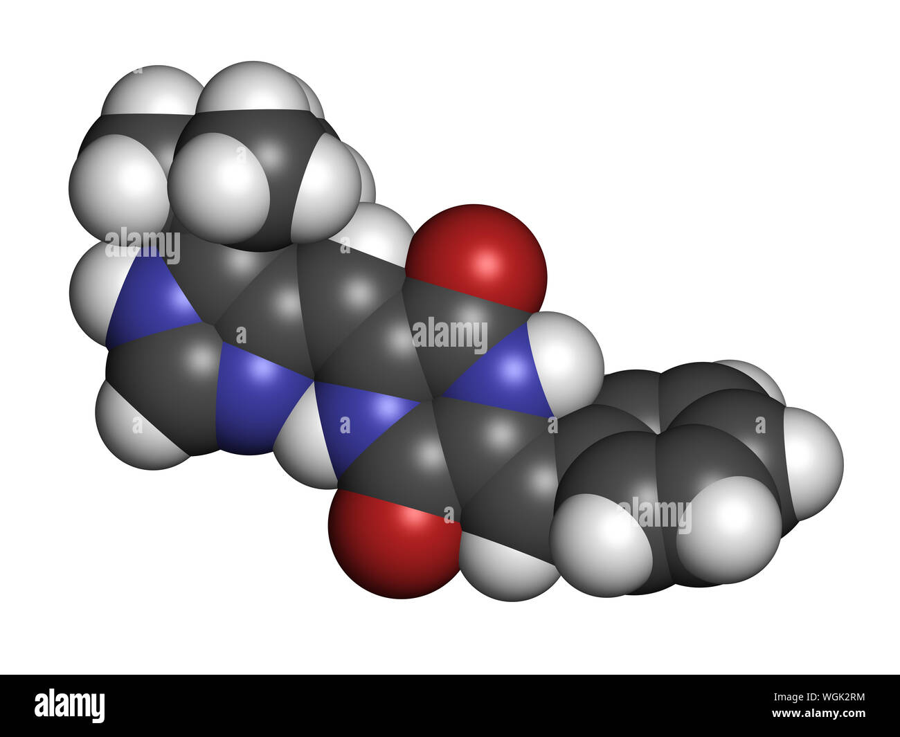 Plinabulin molécule des médicaments contre le cancer. Le rendu 3D. Les atomes sont représentés comme des sphères classiques avec codage couleur : blanc (hydrogène), carbone (gris), nitro Banque D'Images