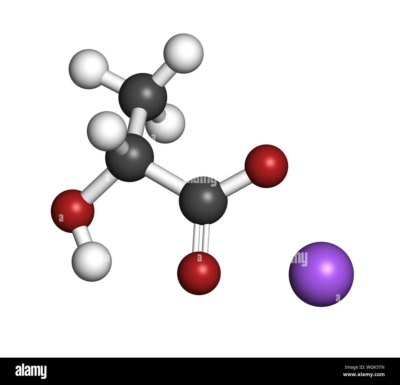 Le lactate de sodium, la structure chimique. Le rendu 3D. Les atomes sont représentés comme des sphères classiques avec codage couleur : blanc (hydrogène), carbone (gris), ox Banque D'Images