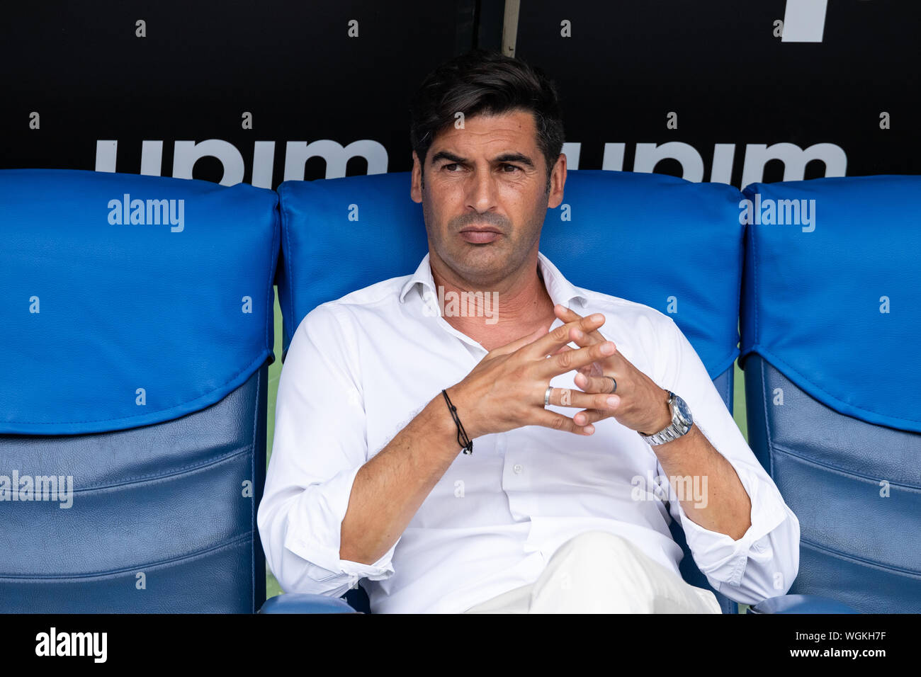 L'entraîneur de Roms, Paulo Fonseca ressemble au cours de la Serie une correspondance entre le Latium et l'AS Roma au stade olympique.(score final : Lazio 1:1 AS Roma) Banque D'Images