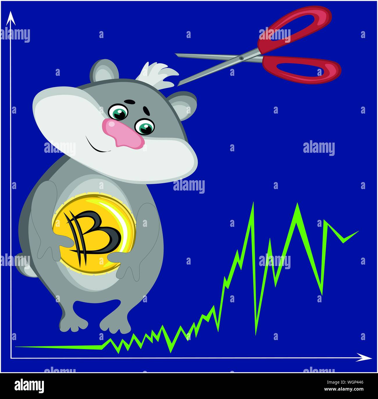 Illustration sur le thème de jeux cryptocurrency, sur la bourse, l'automne et la croissance de toilettage - Bitcoin hamster, où un hamster avec une pièce se dresse sur l'arrière-plan du graphique, et les ciseaux sont déjà portées au-dessus d'elle Illustration de Vecteur